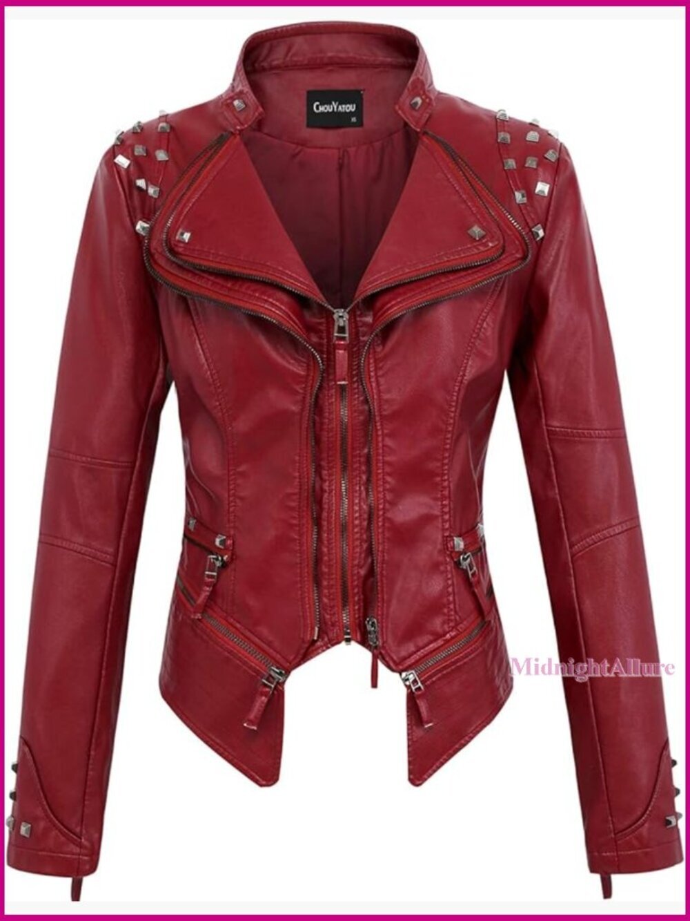 Faux Leather Biker Jacket Studded Moto Slim Fit Long Sleeve Adjustable Hem